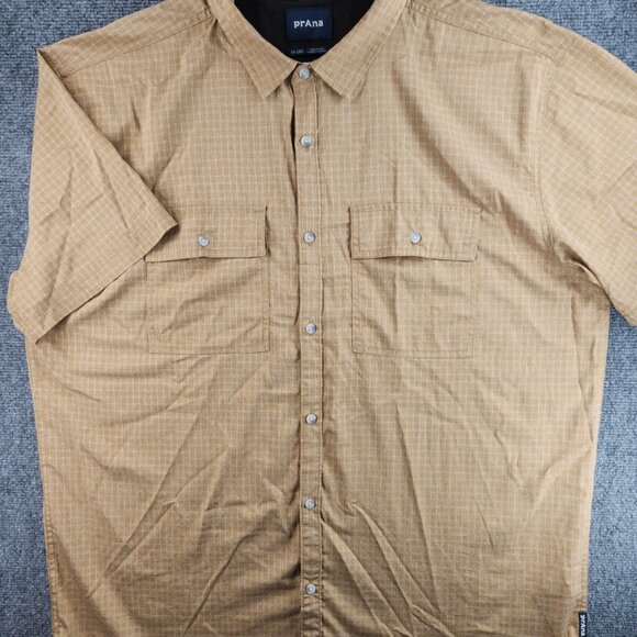 Prana Short Sleeve Gold Check Button Up Shirt Men Hiking 2XL Pockets Woven - Picture 2 of 16